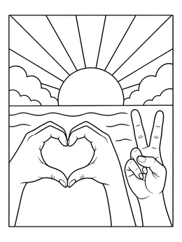 Free printable Heart Hands And Peace Sign Sunrise coloring page