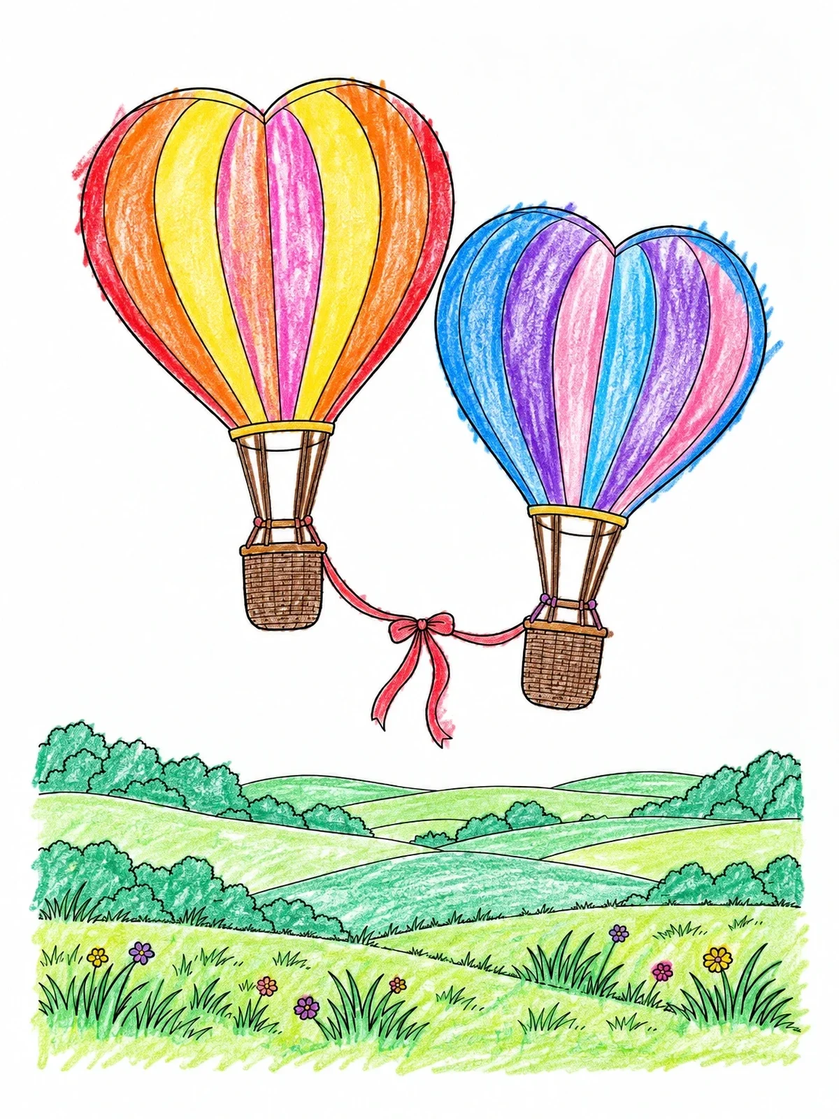 Colored example of the Heart Hot Air Balloons Tied With Ribbon coloring page