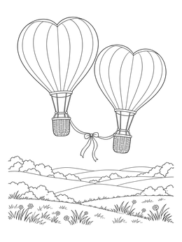 Free printable Heart Hot Air Balloons Tied With Ribbon coloring page