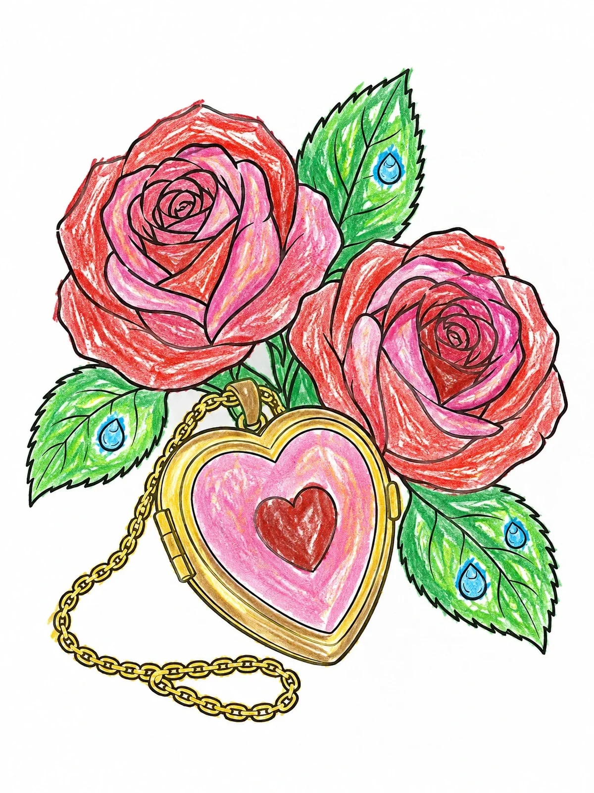 Colored example of the Heart Locket With Blooming Roses coloring page