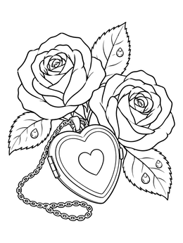 A heart-shaped pendant rests in front of two blooming blossoms in this roses coloring page.