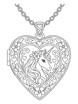 An ornate heart locket necklace with a unicorn portrait on this unicorn coloring page.