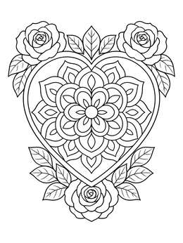 Free printable Heart Mandala With Blooming Roses coloring page