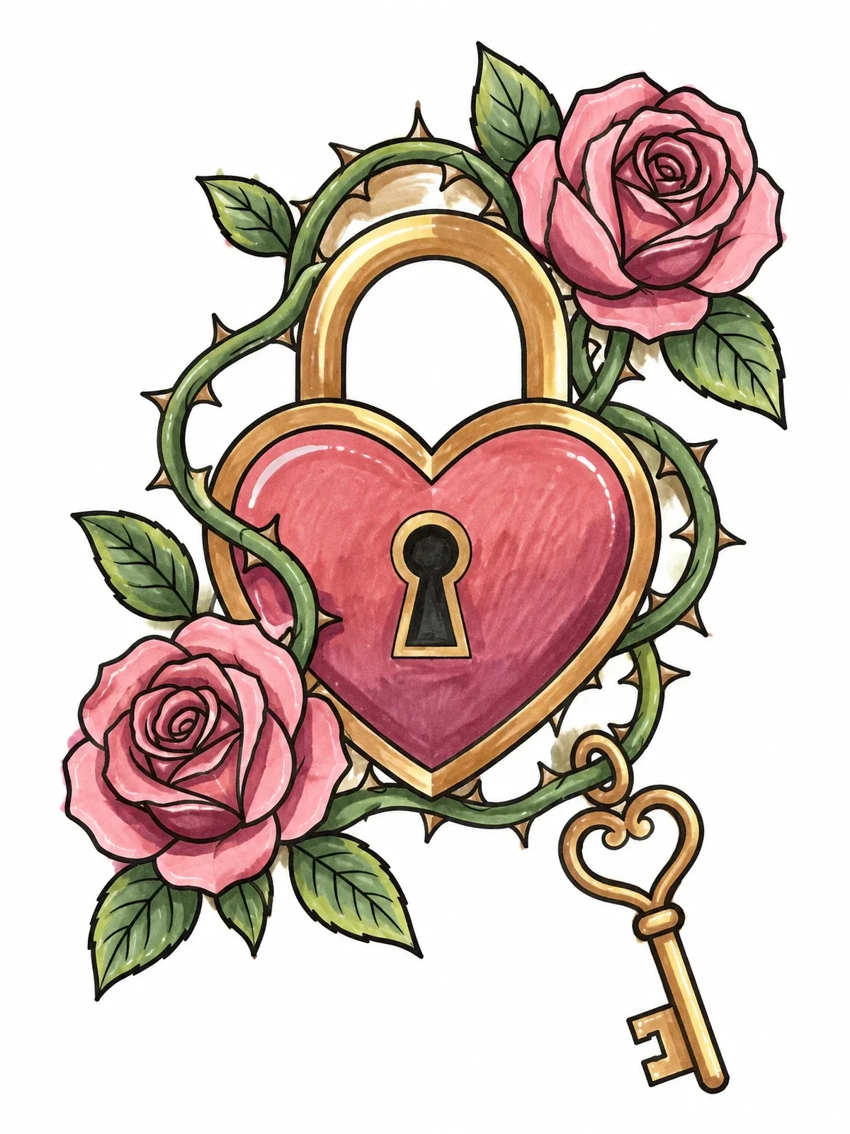 Colored example of the Heart Padlock And Rose Vines coloring page