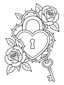 Heart padlock entwined with roses in this rose and heart coloring page.