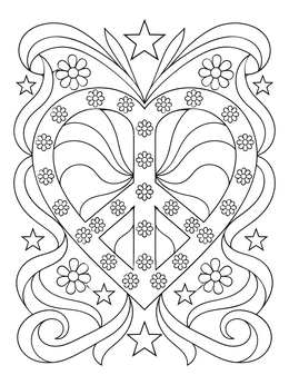A decorative heart peace sign coloring page with flowers, stars, and flowing ribbons.