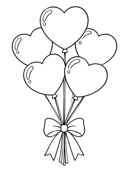 A cheerful heart coloring page featuring a bouquet of five heart-shaped balloons tied with a bow.