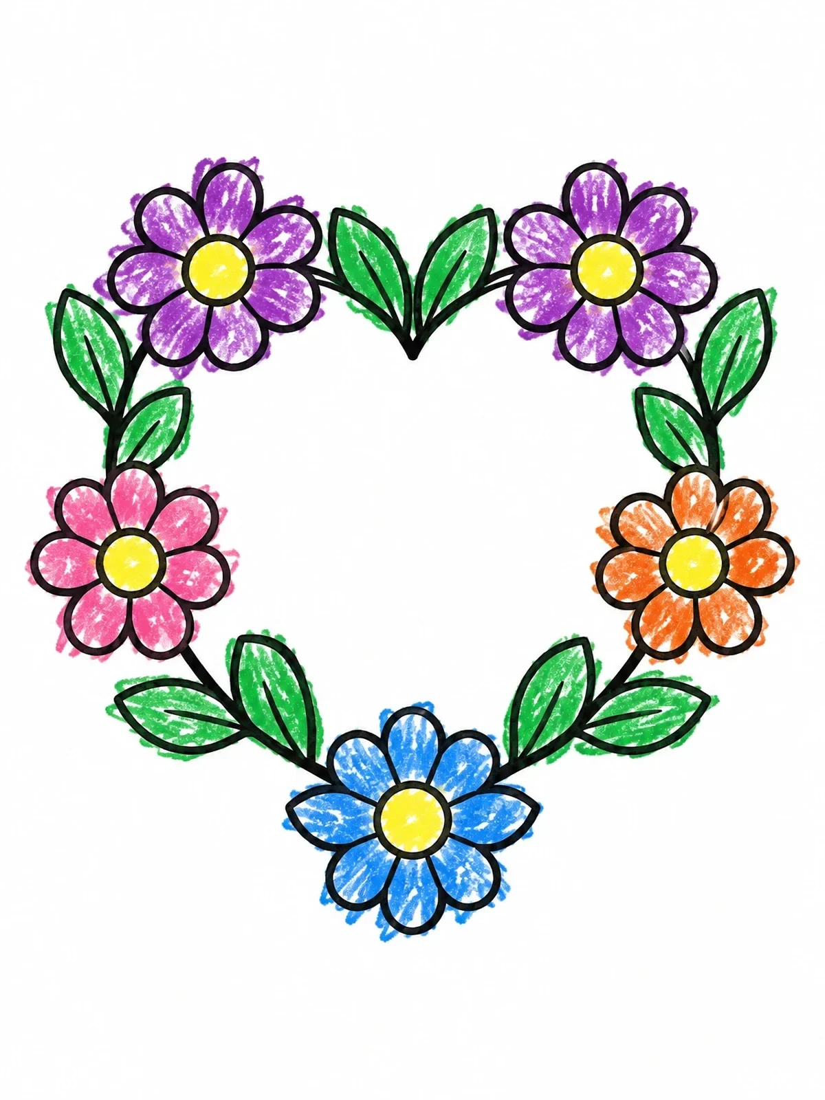 Colored example of the Heart Shaped Daisy Floral Wreath coloring page