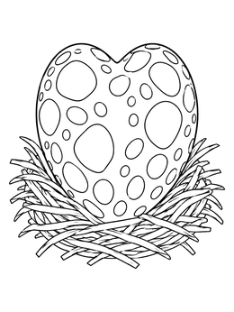 A spotted heart-shaped egg rests in straw on this dragon valentine coloring page.