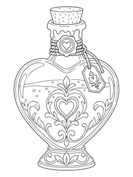 An ornate magic coloring page showing a heart-shaped glass potion bottle sealed with wax.