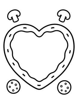 A simple heart-shaped pizza coloring page surrounded by mushrooms and pepperoni slices.
