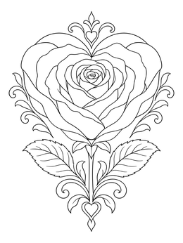 An ornate rose and heart coloring page featuring blooming petals shaped like a heart.