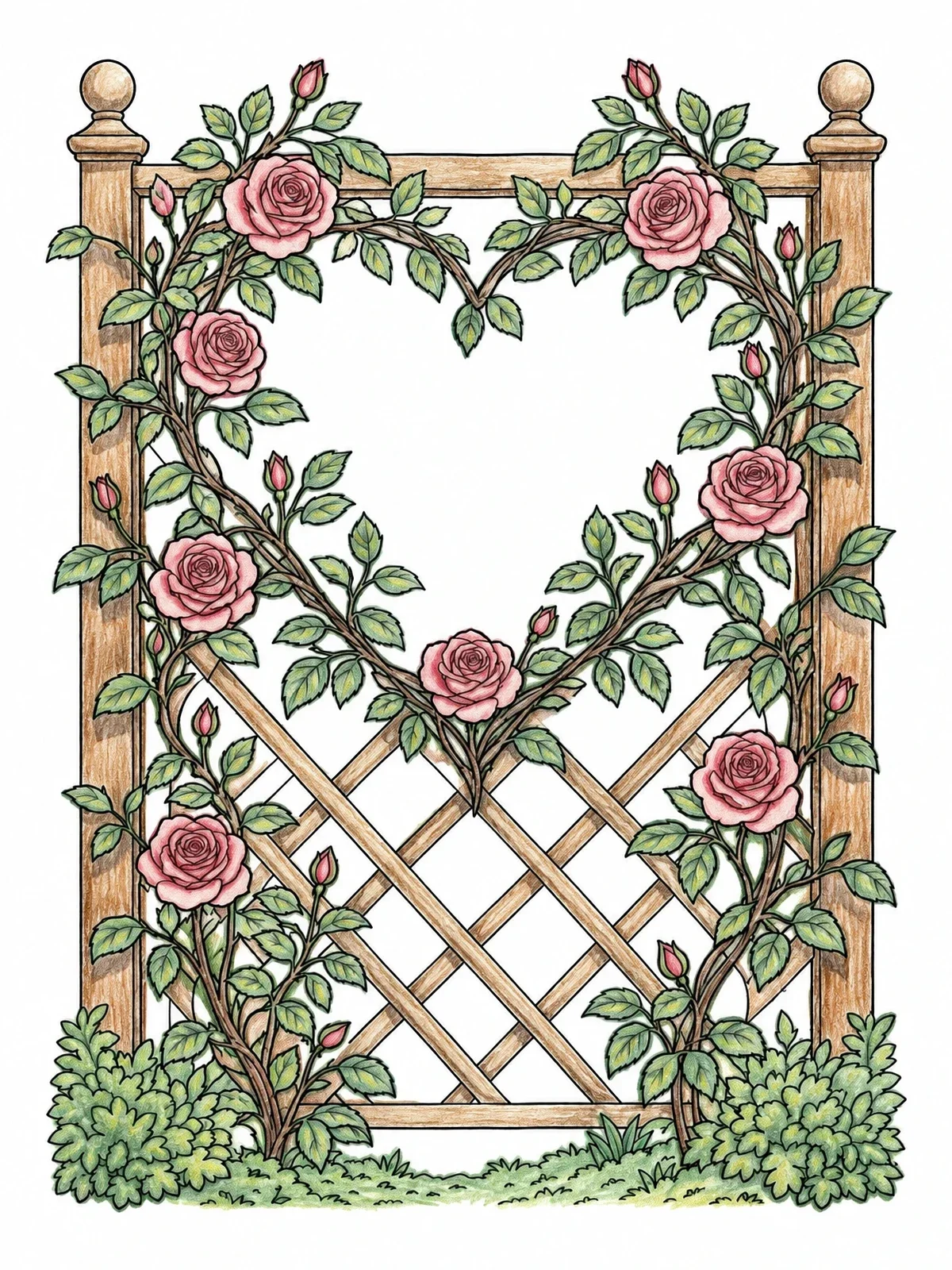 Colored example of the Heart Shaped Rose Trellis In Bloom coloring page