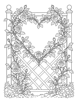 A garden rose and heart coloring page featuring blossoming climbing vines formed into a heart shape on a trellis.