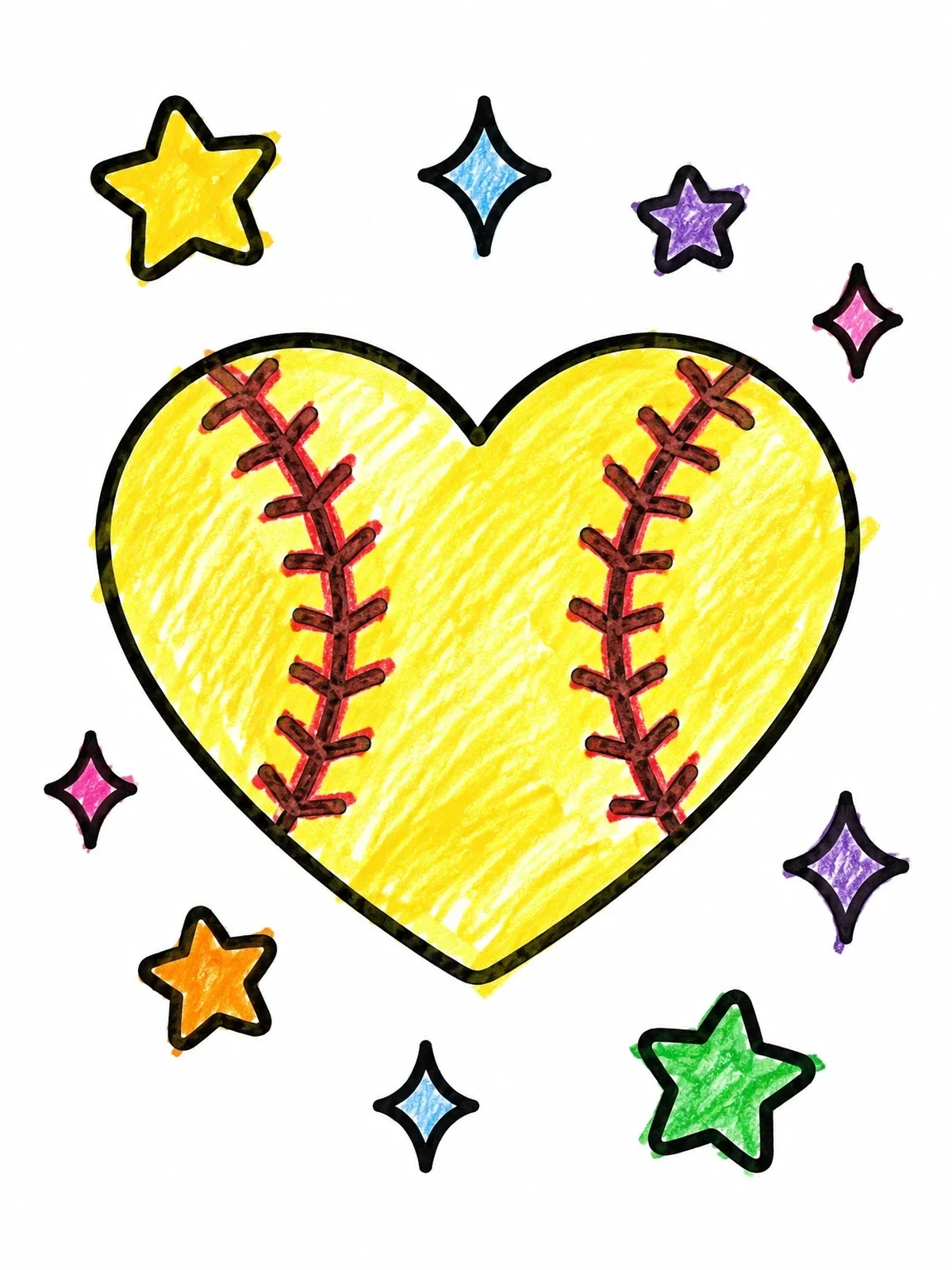 Colored example of the Heart Shaped Softball With Sparkles coloring page