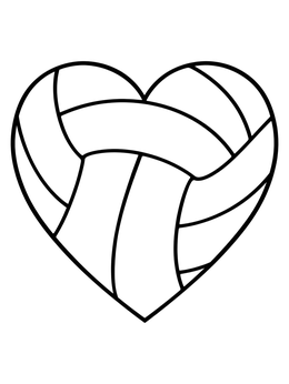 A simple volleyball coloring page featuring a heart shape with classic panel lines.