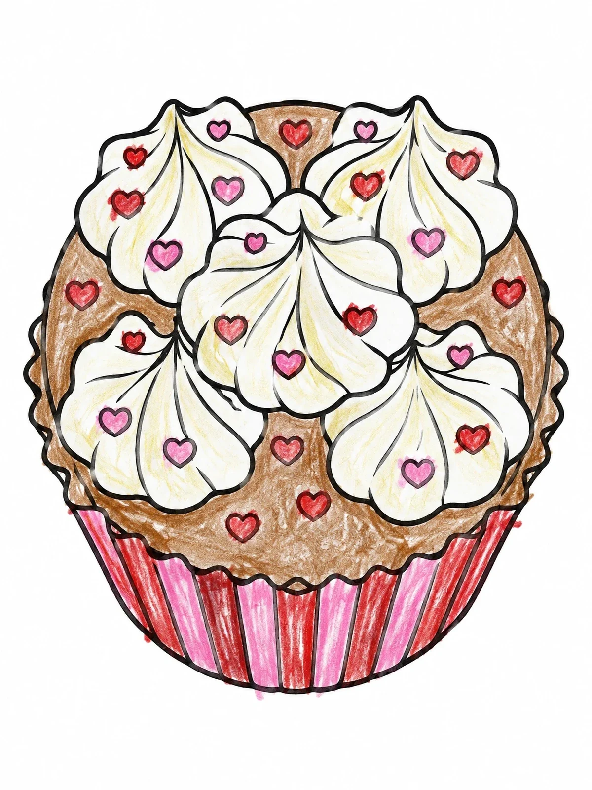 Colored example of the Heart Sprinkles Valentine Cupcake coloring page