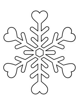 A simple snowflake coloring page featuring heart shapes on each point.
