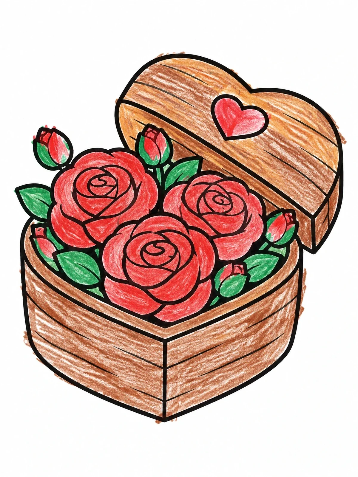 Colored example of the Heart Wooden Box With Roses coloring page