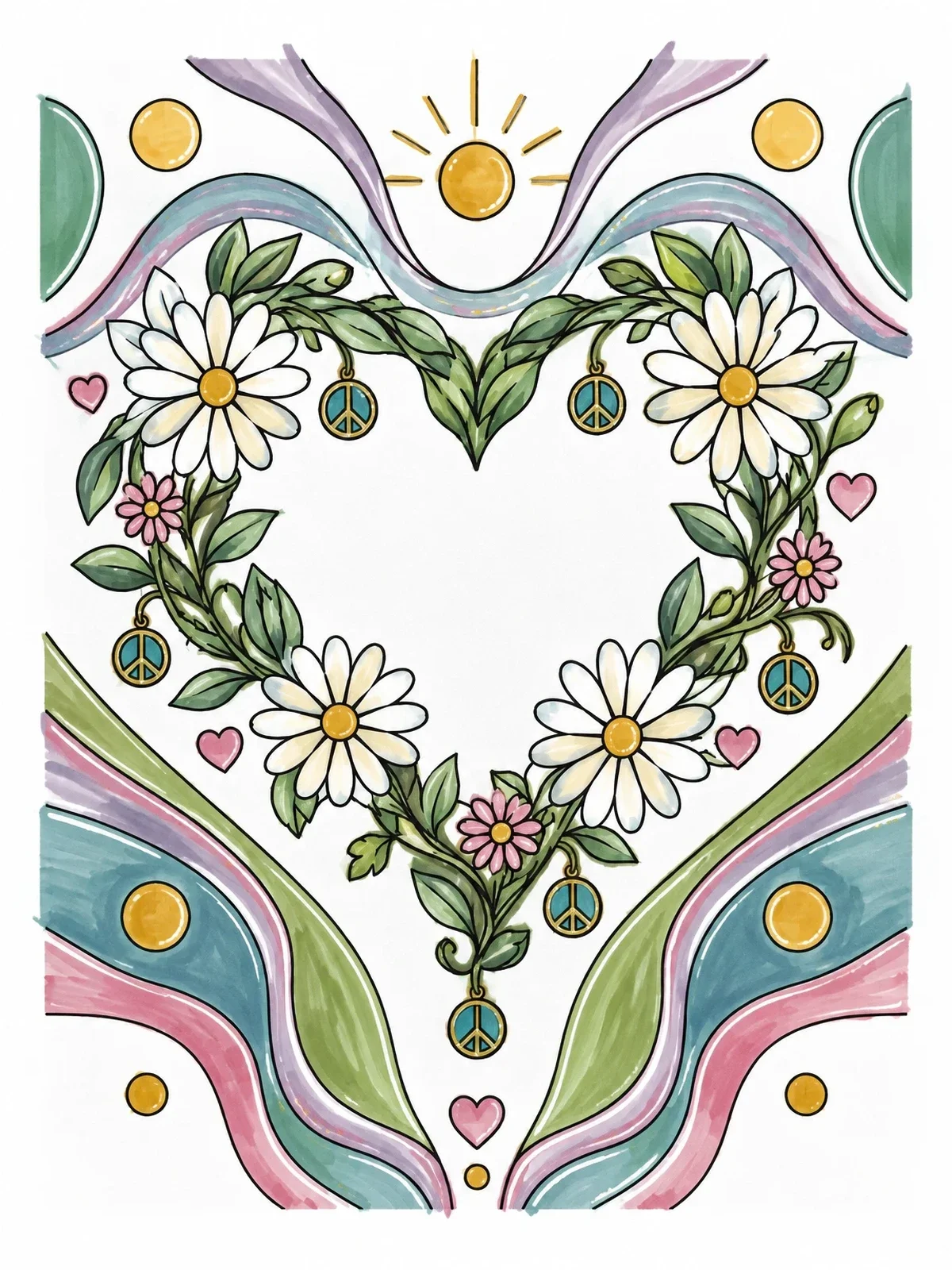 Colored example of the Floral Peace And Love Heart Wreath coloring page