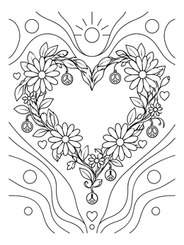 A heart floral wreath with peace charms on this peace and love coloring page.