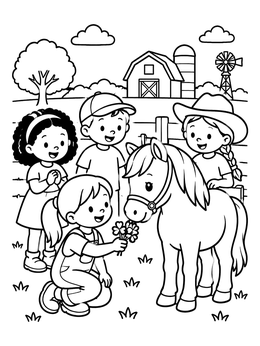 Free printable Children Feeding A Farm Pony coloring page