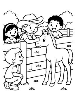 Free printable Children Petting A Friendly Farm Foal coloring page