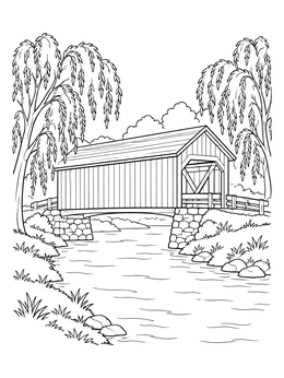 A serene heartland coloring page featuring a classic wooden covered bridge flanked by willow trees.