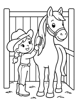 Free printable Cowgirl Brushing A Friendly Horse coloring page