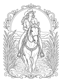 A cowgirl rides her horse through a creek on this heartland coloring page.