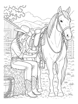 A cowgirl saddles her horse on a hay bale in this American heartland coloring page.