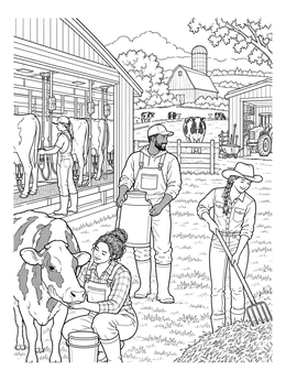 A bustling heartland coloring page featuring farmers tending to dairy cows near a barn and milking shed.