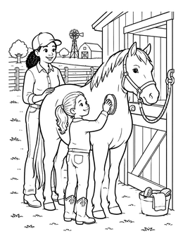 Free printable Grooming A Horse By The Stable coloring page