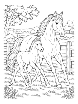 A mare and young foal trot together by a fence in this heartland coloring page.