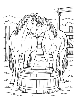 Free printable Ranch Horses By The Water Trough coloring page