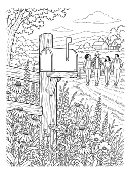 A rustic heartland coloring page featuring wildflowers, a mailbox, and hikers on a rural country road.