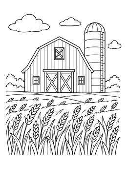 Free printable Rustic Barn And Wheat Field coloring page