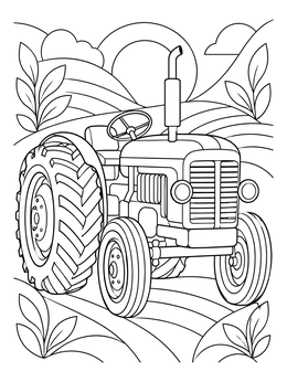 A vintage farm tractor stands among rolling fields in this heartland coloring page.