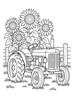 An antique farm tractor parked near tall blooming sunflowers in this heartland coloring page.