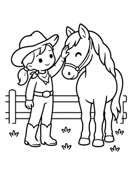 Free printable Young Cowgirl Patting Her Horse coloring page