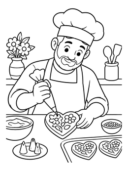 Free printable Baker Decorating Heart Cookies coloring page