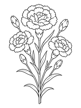 Detailed hearts and flowers coloring page with blooming carnations and slender buds.
