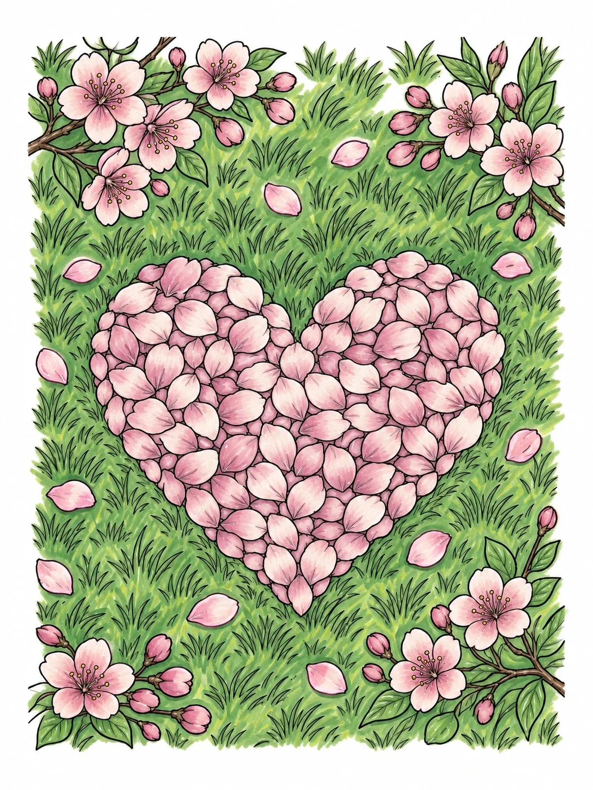 Colored example of the Cherry Blossom Petal Heart On Grass coloring page