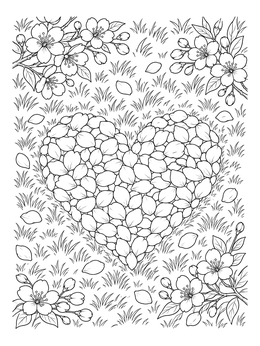 A hearts and flowers coloring page with fallen blossom petals forming a heart on lawn grass.