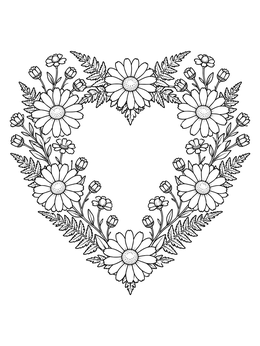 A daisy and fern hearts and flowers coloring page forming a lovely wreath.