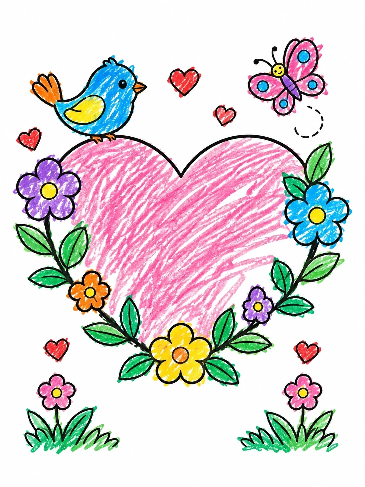 Colored example of the Heart Floral Wreath With Bird coloring page