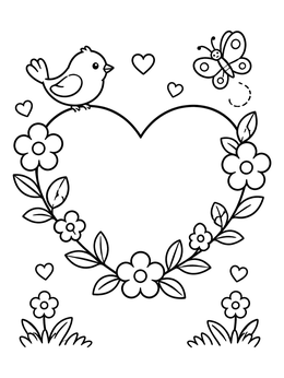 Free printable Heart Floral Wreath With Bird coloring page