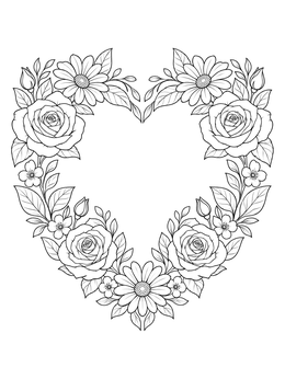 A symmetrical heart wreath made of roses and daisies on this hearts and flowers coloring page.