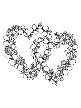 Two floral heart wreaths intertwine in this hearts and flowers coloring page.