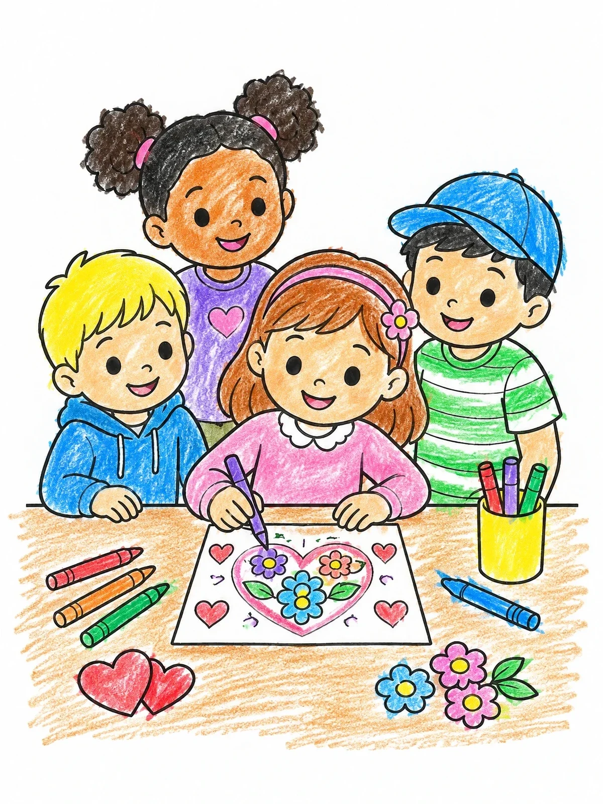 Colored example of the Children Drawing A Heart Greeting Card coloring page